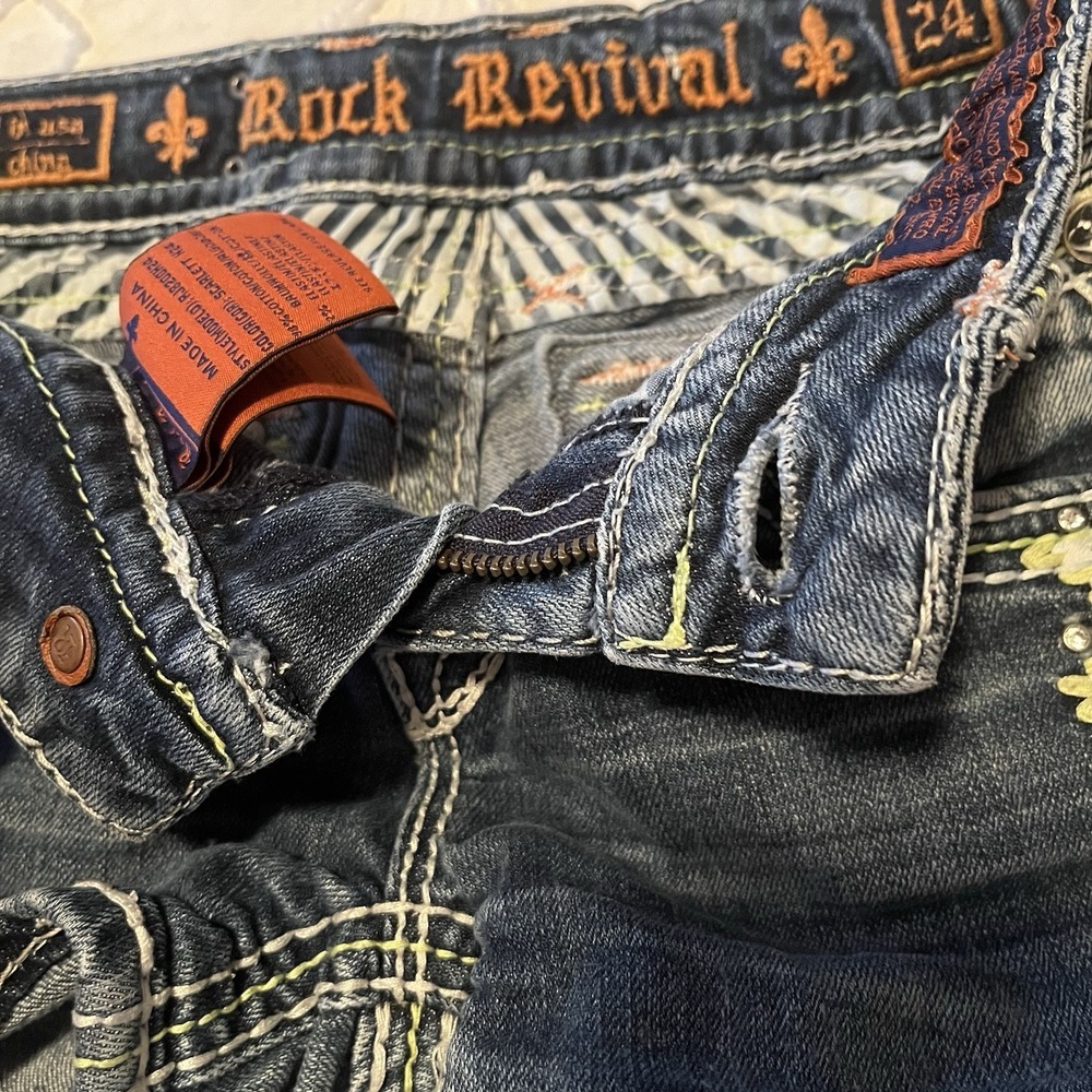 Y2K Rock Revival Micro Mini Denim Shorts Sz 24 Scarlett Embellished Thick Stitch - Picture 11 of 13